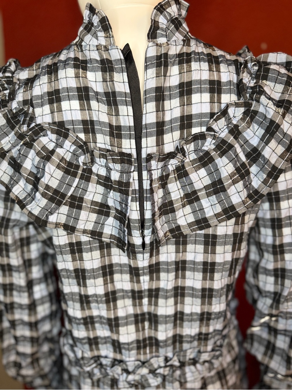 GANNI Charron Checked Seersucker Ruffle Mini Dress Serenity Blue Size 36 - Picture 5 of 12